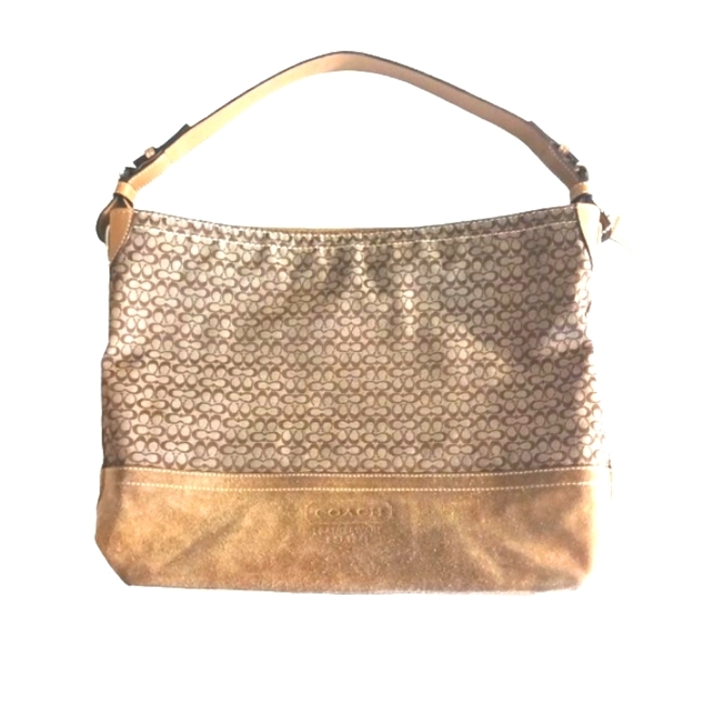 Coach Signature Jaquard and Suede Tan Hobo Shoulder Bag